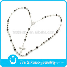 TKB-N0006 Rosary Bead&Catholic Cross Jewelry Black&Sliver Two Tone High Quality Stainless Steel Necklace